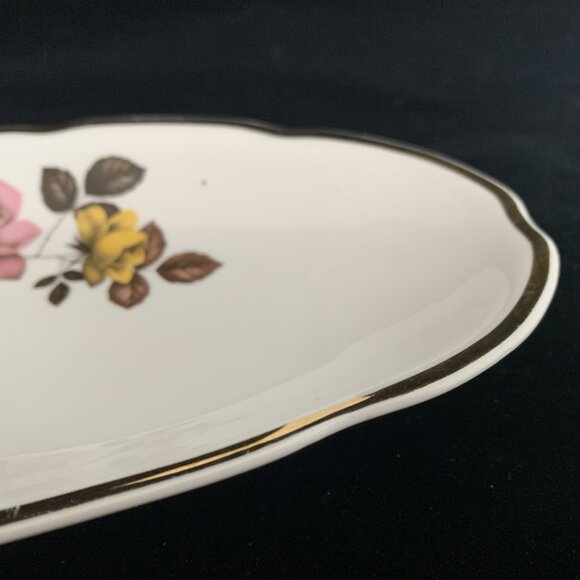 BK Titov Veles Jugo Porcelain Serving Bowl Oval Floral Gold Trim Yugoslavia Chip - Picture 5 of 10